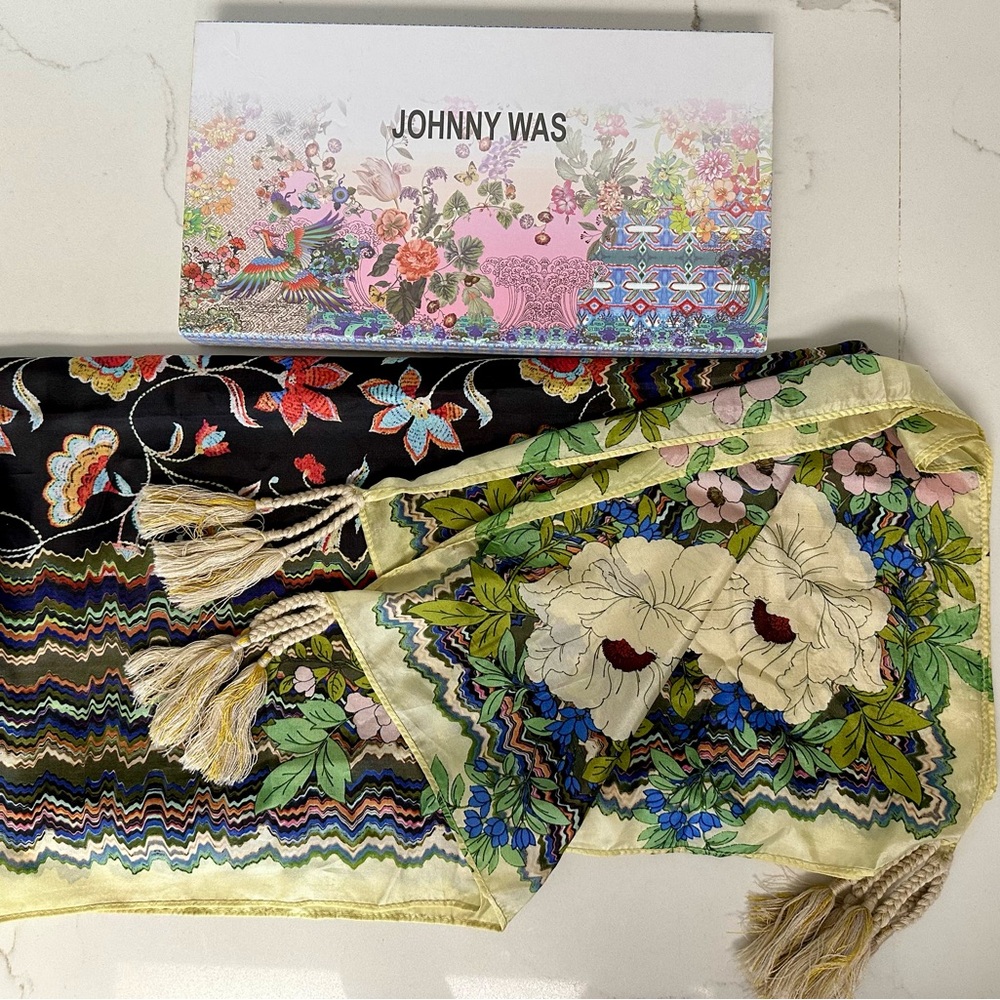 Johnny Was Black and Cream Floral Scarf